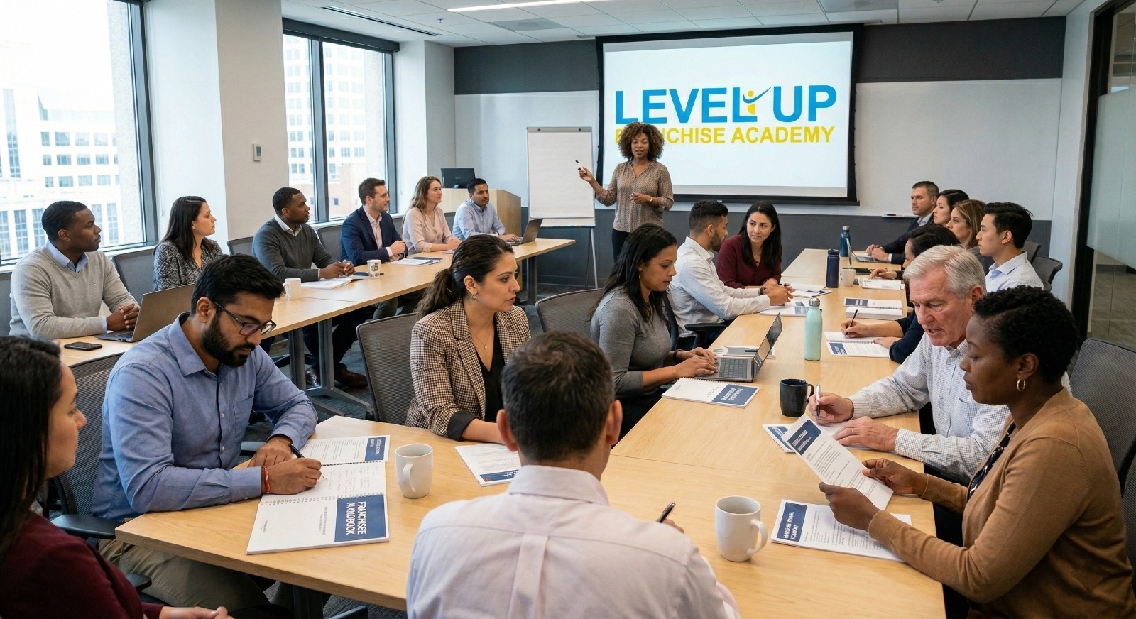 Franchise professionals collaborating on training strategy